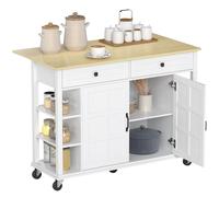 Homcom isla de cocina con ruedas, encimera plegable, carro de cocina con 2 puertas con cierre suave, 2 cajones, 6 estantes abiertos, blanco