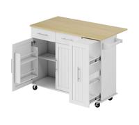 Homcom isla de cocina con ruedas, encimera plegable, carro de cocina con 2 puertas con cierre suave, bandeja extraíble de 3 niveles, 2 cajones, toallero, especiero, blanco 129 cm