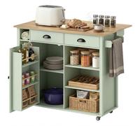 HOMCOM Isla de cocina con tablero plegable y ruedas – 2 cajones, armario, 117,5x70x91 cm Verde claro
