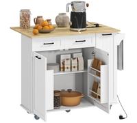 Homcom isla de cocina con ruedas carro de cocina con toma de corriente usb tablero plegable 2 cajones 2 puertas estante ajustable especiero y toallero 112x74x94,5 cm blanco