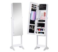 HOMCOM Joyero de Pie con Espejo Armario para Joyas Luces LED Reclinable Guardajoyas Anillos Pendientes Collares Madera 30x36x146cm Blanco