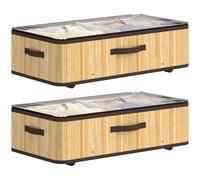 HOMCOM Juego de 2 Cajas de Almacenaje Bajo Cama con Ruedas 60L, Natural | Organizador Zapatos Debajo Cama 2 Piezas de Bambú con Tapa Transparente y Asa, Marco Metálico, para Zapatos, Mantas, Juguetes