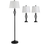 HOMCOM Juego de 2 Lámparas de Mesa y Lámpara de Pie con Pantalla de Tela E27 Máx. 40W IP20 e Interruptor de Pie Lámparas de Noche para Salón Dormitorio Ø38x158 cm y Ø30x62 cm Blanco
