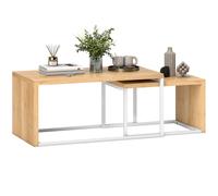 HOMCOM Juego de 2 Mesas de Centro Mesa Nido Moderna Marco de Metal para Salón 90x48x42 cm y 59x42x36 cm Natural y Blanco Natural and White