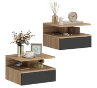 HOMCOM Juego de 2 Mesitas de Noche Flotantes con Cajón, Mesillas de Noche Dormitorio, Montado en la Pared, Estilo Moderno Roble y Negro 35x32x22.5 cm