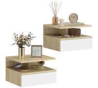 HOMCOM Juego de 2 Mesitas de Noche Flotantes con Cajón, Mesillas de Noche Dormitorio, Montado en la Pared, Estilo Moderno, para Sala de Estar, 35x32x22,5 cm, Roble y Blanco