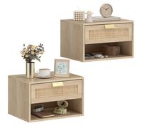 HOMCOM Juego de 2 Mesitas de Noche Flotantes, Mesillas de Noche Dormitorio con Cajón de Ratán, Estante Abierto, Ahorra Espacio, Diseño Nórdico, para Sala de Estar, 40x30x25 cm, Roble Caqui 40x30x25 cm