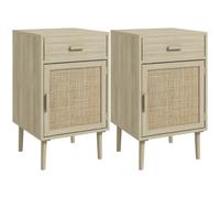 HOMCOM Juego de 2 Mesitas de Noche Mesillas de Noche con Cajón de Ratán y Estante Ajustable 40x40x68,5 cm Roble Aosom España