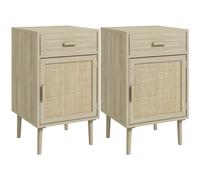 HOMCOM Juego de 2 Mesitas de Noche Mesillas de Noche Mesitas Auxiliares con Cajón de Ratán y Estante Ajustable para Dormitorio Salón 40x40x68,5 cm Roble