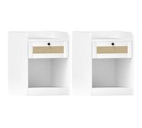 HOMCOM Juego de 2 Mesitas de Noche Pack 2 con Cajón 40x40x53 cm Blanco | con Frontal de Ratán, Mesillas de Noche, para Dormitorio, para Habitación, Hogar