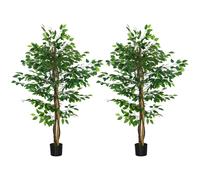HOMCOM Juego de 2 Plantas Artificiales Ficus Altura 1,50 m Tronco Ramas Lianas Líquen Hojas Gran Realismo Maceta Incluida Verde Aosom España