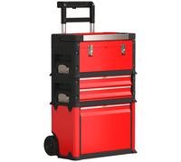 HOMCOM Juego de 3 cajas de herramientas con ruedas apilables y modulares en acero con bandeja, asas y cerradura, rojo