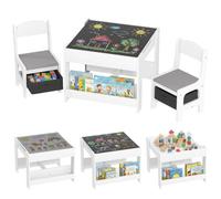 HOMCOM Juego de Mesa y 2 Sillas Infantiles Mesa con Sillas para Niños 3 en 1 con Pizarra Cajones de Tela y Espacio de Almacenamiento para Guardería Sala de Juegos Blanco y Gris