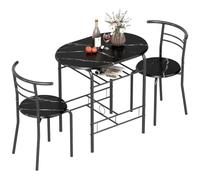 HOMCOM Juego de Mesa y sillas 3 Piezas con sobre Efecto mármol, Negro | Mesa de bar y 2 sillas, estante de almacenamiento, estructura metálica, conjunto de comedor, sala de estar, espacio pequeño