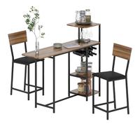 HOMCOM Juego de Mesa y Taburetes de Bar Mesa Alta Cocina Marrón y Negro | 2 Taburetes, Laterales Abatibles, Soporte para Vinos y Estantes, Estilo Industrial