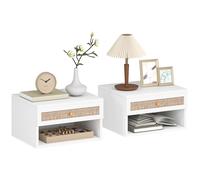 HOMCOM Juego de Mesitas de Noche Flotantes con Cajón de Ratán y Estante Abierto para Dormitorio 40x34x23cm Blanco White 40X34X23Cm