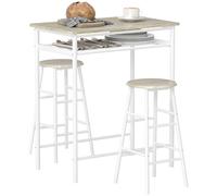 HomCom Juego de mueble de bar - mesa alta y 2 taburetes, estante y marco metálico, blanco 80x50x90