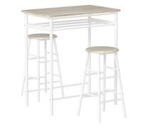 HomCom Juego de mueble de bar - mesa alta y 2 taburetes, estante y marco metálico, blanco 80x50x90