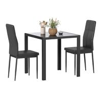 HOMCOM Juego Mesa Comedor 2 plazas pequeña Cocina 3 pz Rectangular Negro | 2 sillas, cubierta de vidrio, marco de metal, tapicería de cuero sintético, comedor, sala de estar