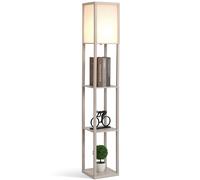 HOMCOM Lámpara de Pie de Madera con Estantes Almacenaje para Salón Dormitorio Bombilla E27 26x26x160 cm Diseño Moderno Roble y Blanco Aosom España