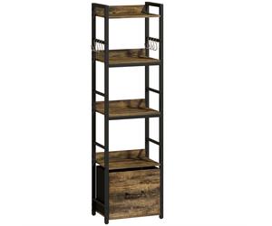 HOMCOM Librería de 4 niveles, estantería estrecha con cajón, 8 ganchos, , 39 x 26 x 136,5 cm, marrón rústico Aosom España