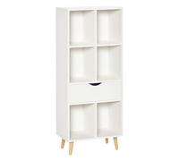 HOMCOM Librería Estantería para Libros con 1 Cajón y Patas de Madera 6 Compartimentos Abiertos de Almacenaje Plantas Archivos para Salón Dormitorio Oficina 50x29,5x120 cm Blanco