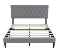 HOMCOM Marco de Cama 140 x 190 cm con Somier, Cama Doble Acolchada en Lino, Cabecero Capitonné, Soporte de 10 Lamas, Gris