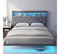 HOMCOM - Marco de cama (140 x 190 cm, con somier de acero, cama de 2 personas, flotante con luces LED RGB y estación de carga, música Sync, cabecero acolchado con estantes de almacenamiento, gris