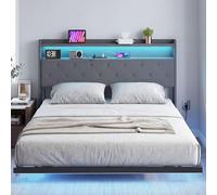 HOMCOM - Marco de cama (160 x 200 cm, con somier de acero, cama de 2 personas, flotante con luces LED RGB y estación de carga, música Sync, cabecero acolchado con estantes de almacenamiento, color