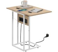 Homcom mesa auxiliar con encimera plegable, estación de carga, mesa auxiliar para sofá, forma de c, con puerto usb y usb-c, para salón, dormitorio, 39x29x57 cm, blanco y natural 1 cm