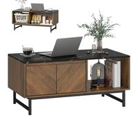 HOMCOM Mesa Baja, mesa de salón con bandeja efecto mármol, 2 puertas y 2 compartimentos abiertos, estructura de acero, estilo moderno, para salón, escritorio, 100x45,7 cm, Nogal