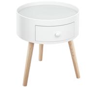 HOMCOM Mesa baja - Mesita de noche redonda - Mesa auxiliar de diseño escandinavo para sofá con cajón, patas cónicas, para bebidas, en roble claro blanco macizo BLANCO