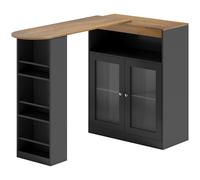 HOMCOM Mesa de Bar Extensible y Giratoria 90° con Estantes Abiertos y 2 Puertas de Vidrio 150x80x105,5 cm Negro y Natural