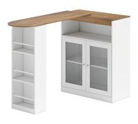 HOMCOM Mesa de Bar Extensible y Giratoria 90° con Estantes Abiertos y 2 Puertas de Vidrio 150x80x105,5 cm Blanco y Natural Aosom España