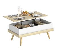 HOMCOM Mesa de Centro Elevable para Oficina 100x79x54 cm Natural y Blanco | Mesita de Salón, 3 Compartimientos de Almacenaje Ocultos, Patas de Madera, Mesa de Café, Dormitorio