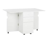 HOMCOM Mesa de Comedor Plegable 1 Armario 6 Ruedas 120x80x75 cm Blanco | Mesa Abatible para Cocina, 2 Cajones, Alas Abatibles, Estilo Moderno, Carga 60 kg