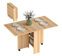 HOMCOM Mesa de Comedor Plegable con Ruedas Mesa Auxiliar Multifuncional con Alas Abatibles y Estantes 140x80x74cm Madera Aosom España