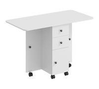 HOMCOM Mesa de comedor plegable, mesa de cocina con ruedas con cajones y armario, Blanco