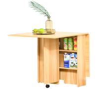HOMCOM Mesa de Comedor Plegable Mesa de Madera con 2 Solapas 2 Estantes de Almacenaje y Ruedas para Cocina 80x140x74 cm Blanco Madera Natural