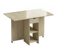 HOMCOM Mesa de comedor plegable para 2-4 personas, mesa con ruedas y compartimento abierto y cajón, ideal para espacios pequeños, natural