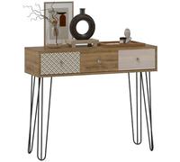 HOMCOM Mesa de Consola, Mesa de Sofá con 3 Cajones Estrecha, Natural | Consola para Recibidor, Patas de Acero Tipo Horquilla, para Salón Pasillo Entrada