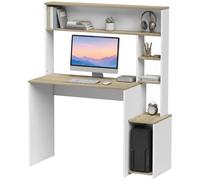HOMCOM Mesa de Escritorio con Estanterías 114x45x138 cm Blanco y Natural | Mesa de Ordenador Moderna, con Estantes, Soporte para Monitor CPU, de Oficina Estudio