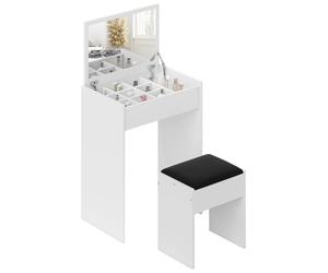 HOMCOM Mesa de Maquillaje con Espejo Plegable, Mesa de Maquillaje Moderna, con Taburete, Compartimento de Almacenaje (10 Compartimentos), MDF Blanco, 60.2 x 40.2 x 79cm