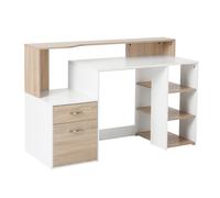 HOMCOM Mesa de Ordenador Escritorio de Oficina con 3 Estantes 2 Cajones Madera 137x55x92cm Roble y Blanco Aosom España