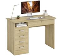 HOMCOM Mesa de ordenador mesa de ordenador moderna con 5 cajones, tablero grande, 1 compartimento abierto, cajón con cerradura, 110 x 50 x 76 cm, roble