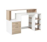 HomCom Mesa de ordenador 3 estantes 2 cajones madera 137x55x92 cm Roble y Blanco