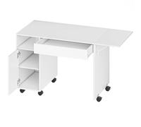 HOMCOM Mesa de ordenador sobre ruedas, mesa informática con abatible, cajón, armario y compartimento, 130 x 58 cm, blanco Aosom España