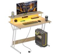 HOMCOM Mesa Gaming con Luces LED y Tomas de Corriente, 100x60 cm, Escritorio Gaming, Mesa Gamer con Soporte para Monitor, Estantes y Control Remoto, para Oficina, Estudio, Natural