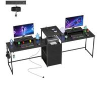 Homcom mesa gaming doble, escritorio extralargo de 244 cm, mesa gamer con estación de carga, puertos usb, soportes para monitor, cajones de tela y ganchos para auriculares, negro 101 cm