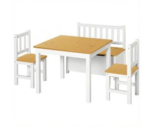 HOMCOM Mesa Infantil con 2 Sillas y Banco con Almacenaje Blanco y Natural | Mesa y Sillas Infantiles de 4 Piezas, Juego de Muebles para Actividades, para Niños de +3 Años, Dormitorio Sala de Juegos